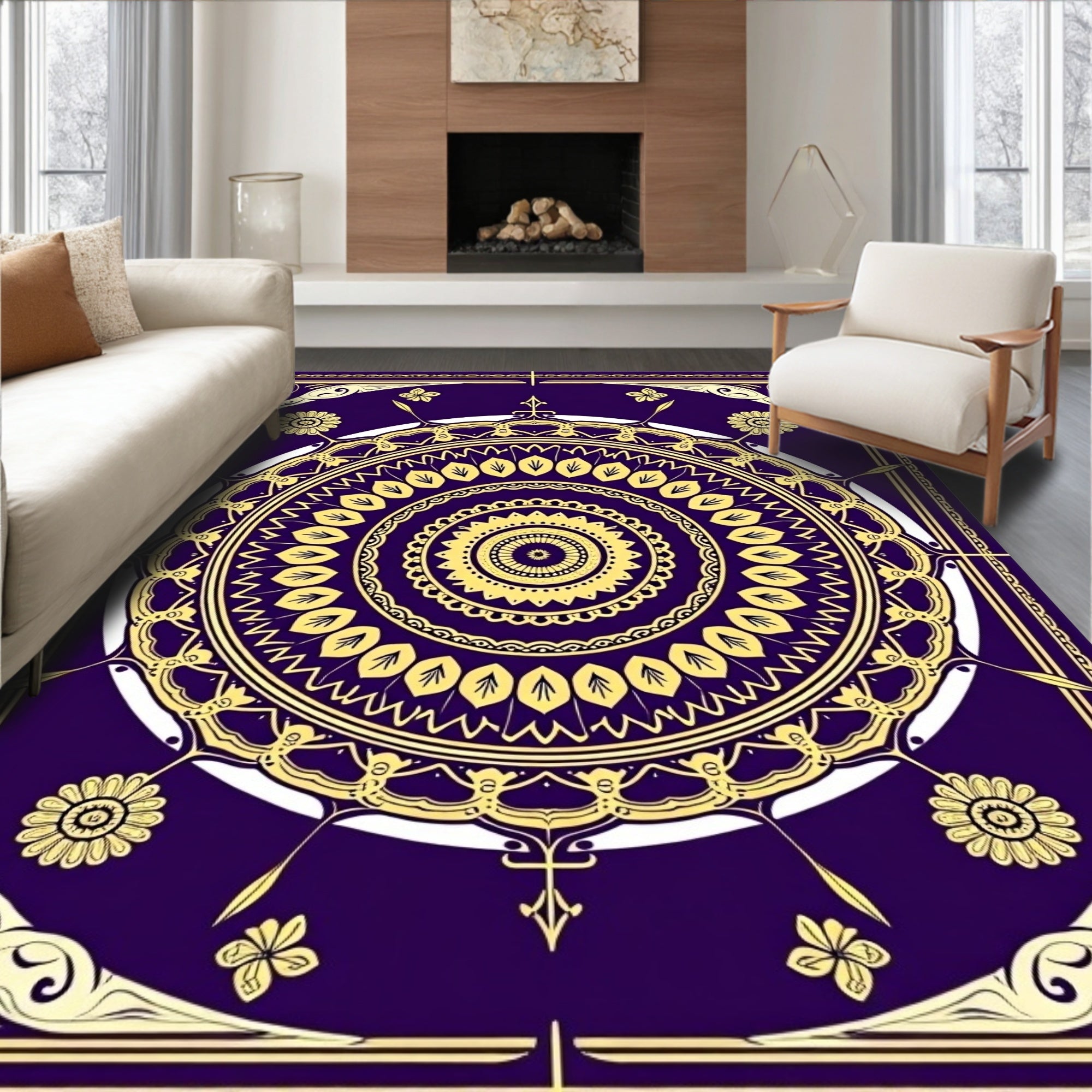Deep Violet Golden Mandala Floral Rug
