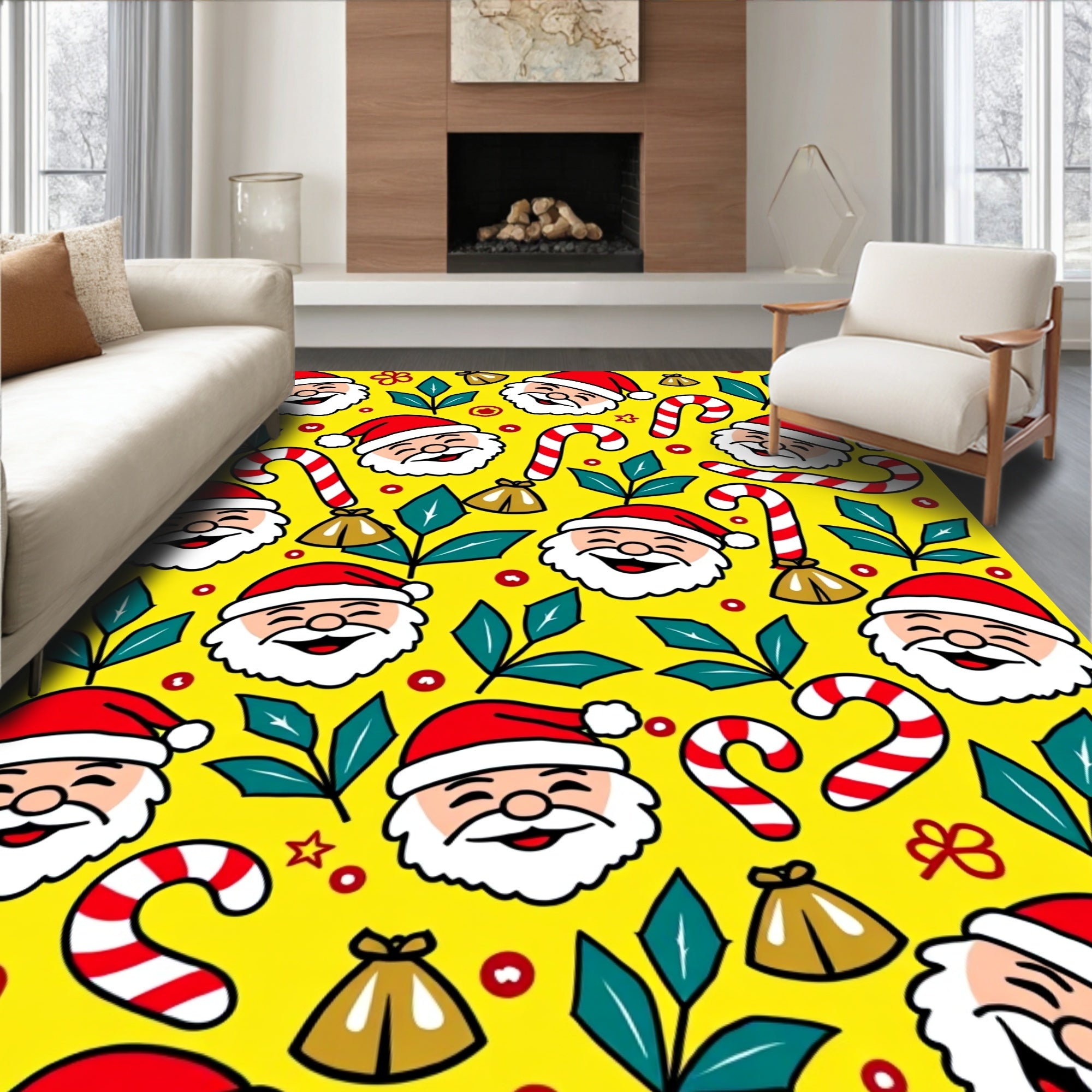 Whimsical Yellow Santa Candy Cane Christmas Rug