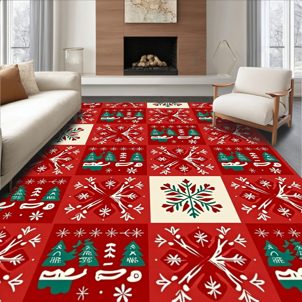 Red White Green Snowflakes Forest Blocks Rug