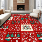 Red White Green Snowflakes Forest Blocks Rug