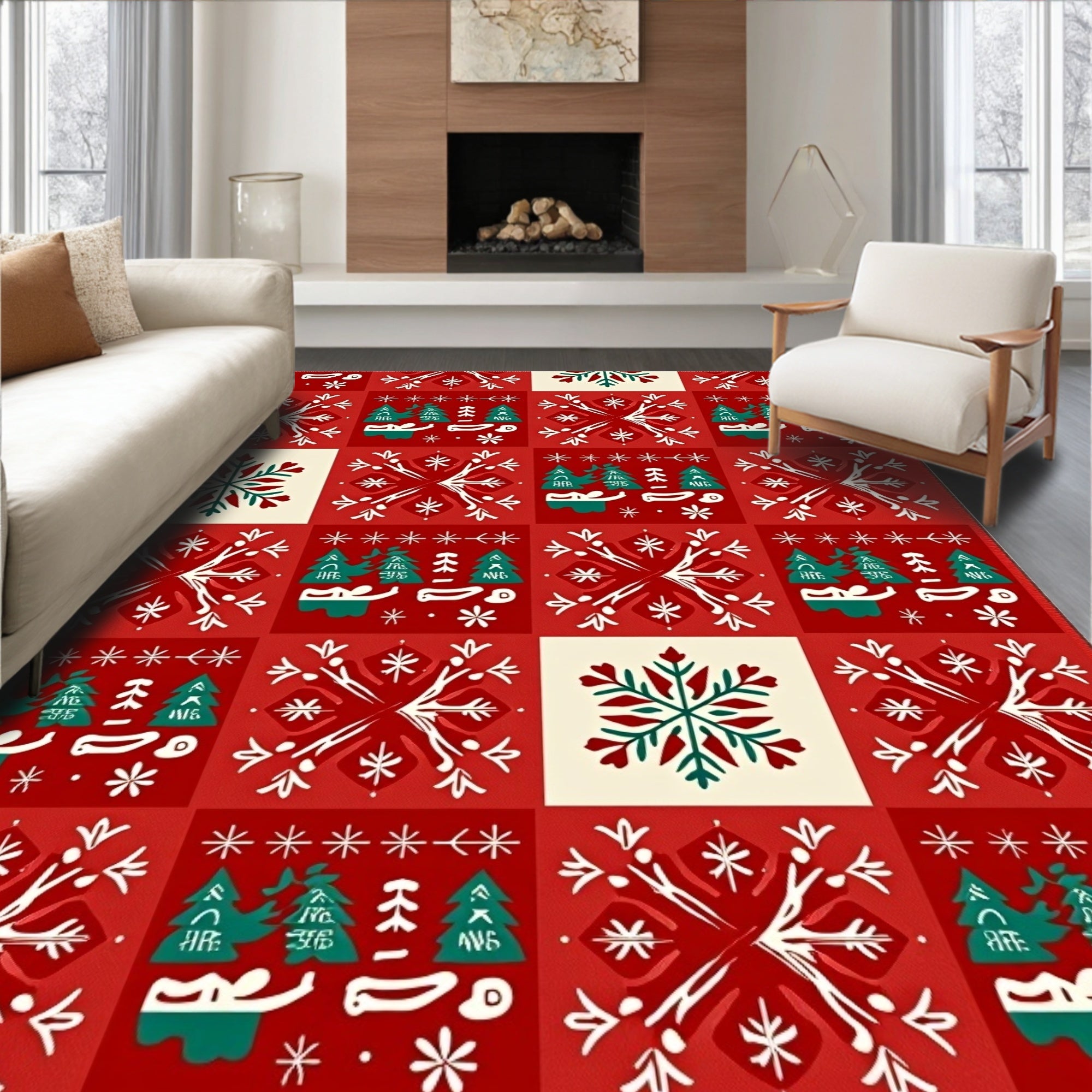 Red White Green Snowflakes Forest Blocks Rug