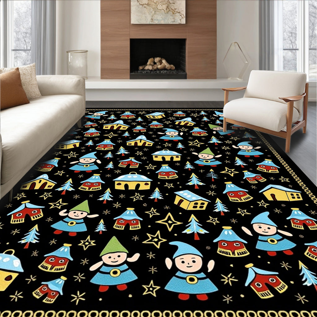 Whimsical Gnomes Forest Houses Stars Rug