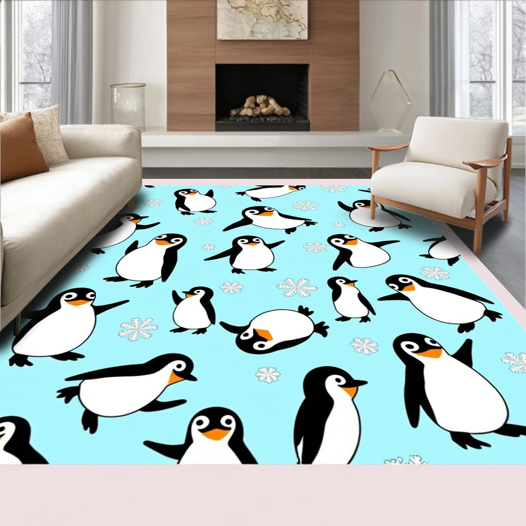 Playful Penguin Snowflakes Aqua Background Rug