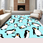 Playful Penguin Snowflakes Aqua Background Rug