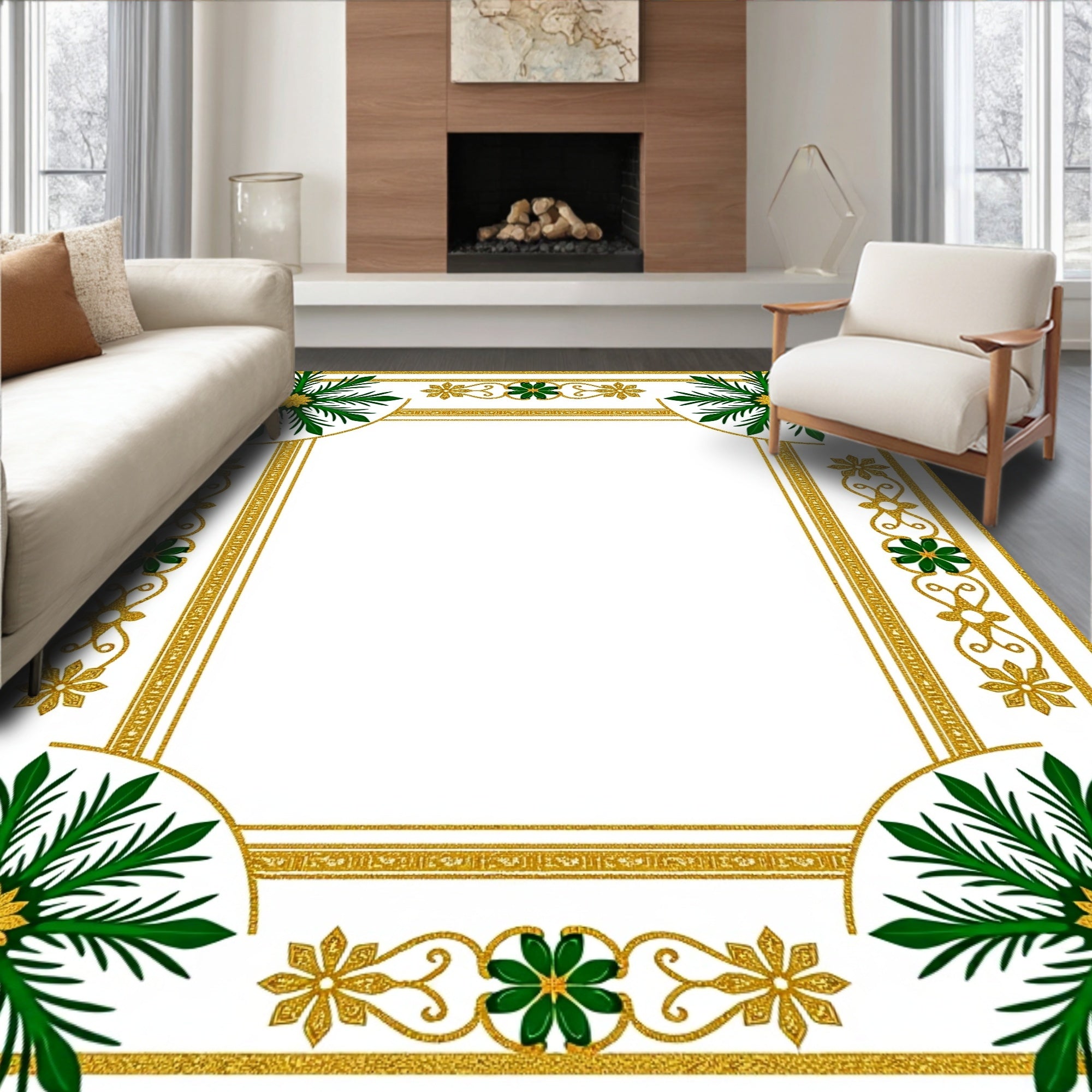 Golden Green Foliage Corner Medallion Rug