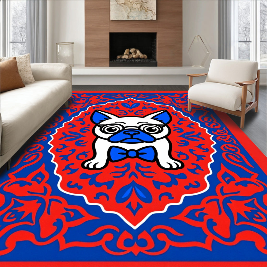 Dapper Pug Whimsical Red Blue Oval Rug