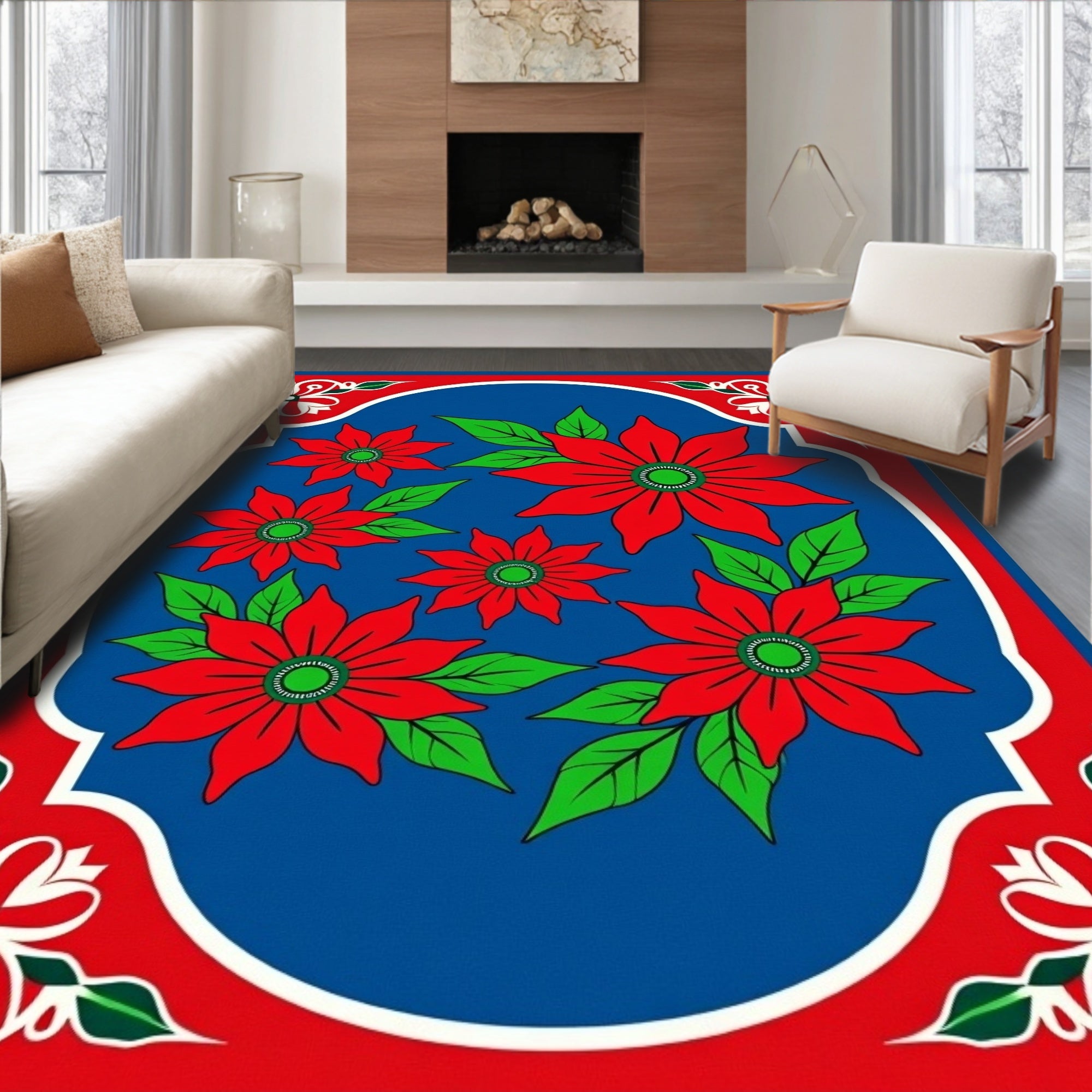 Crimson Floral Garden Blue Border Rug