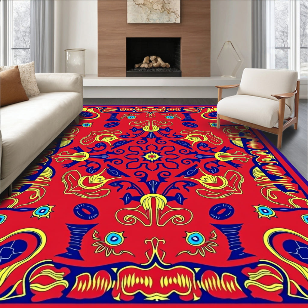 Bold Red Yellow Blue Floral Medallion Rug
