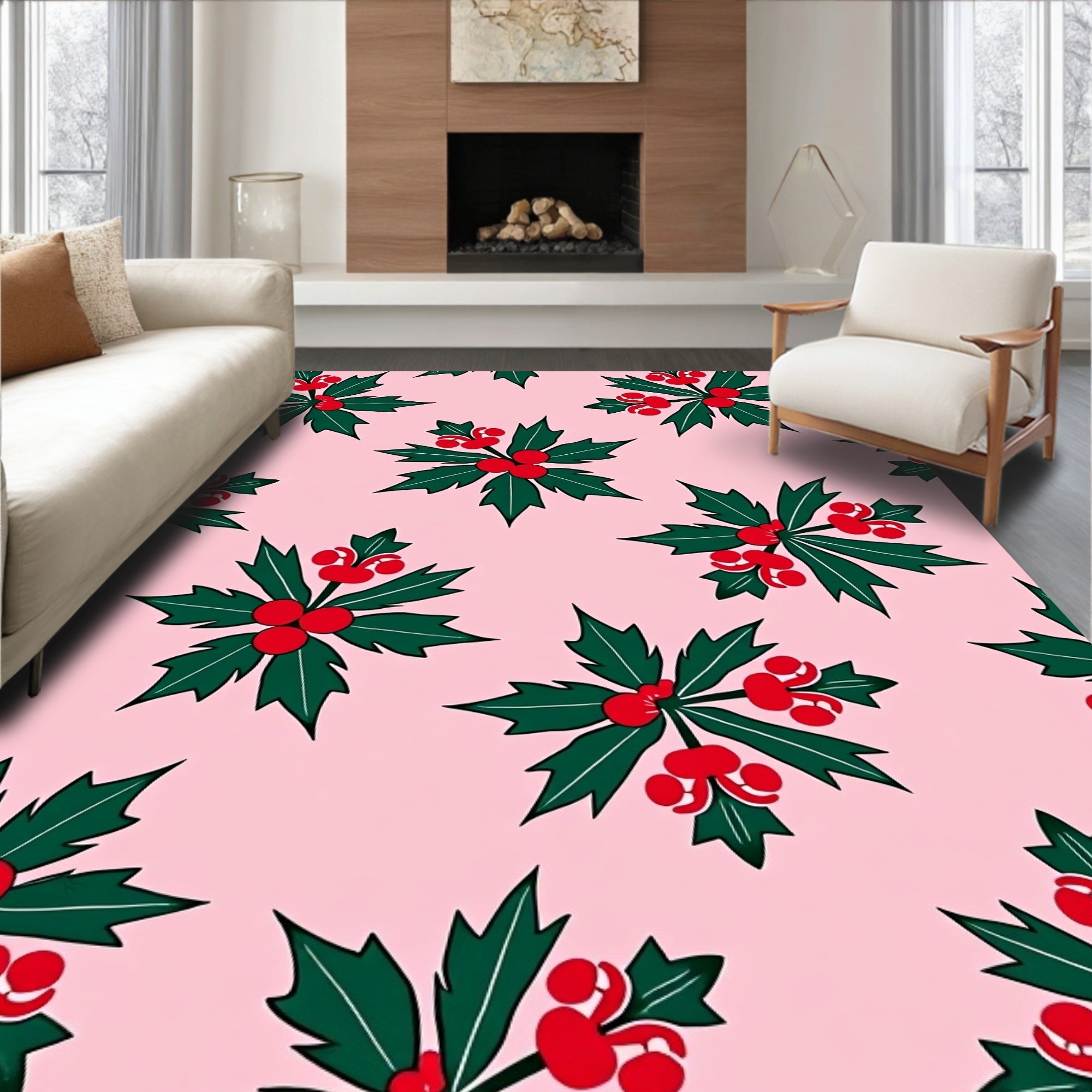 Pink Holly Berry Christmas Accent Rug