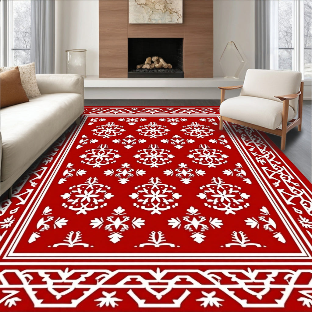 Vibrant Red White Medallion Border Rug