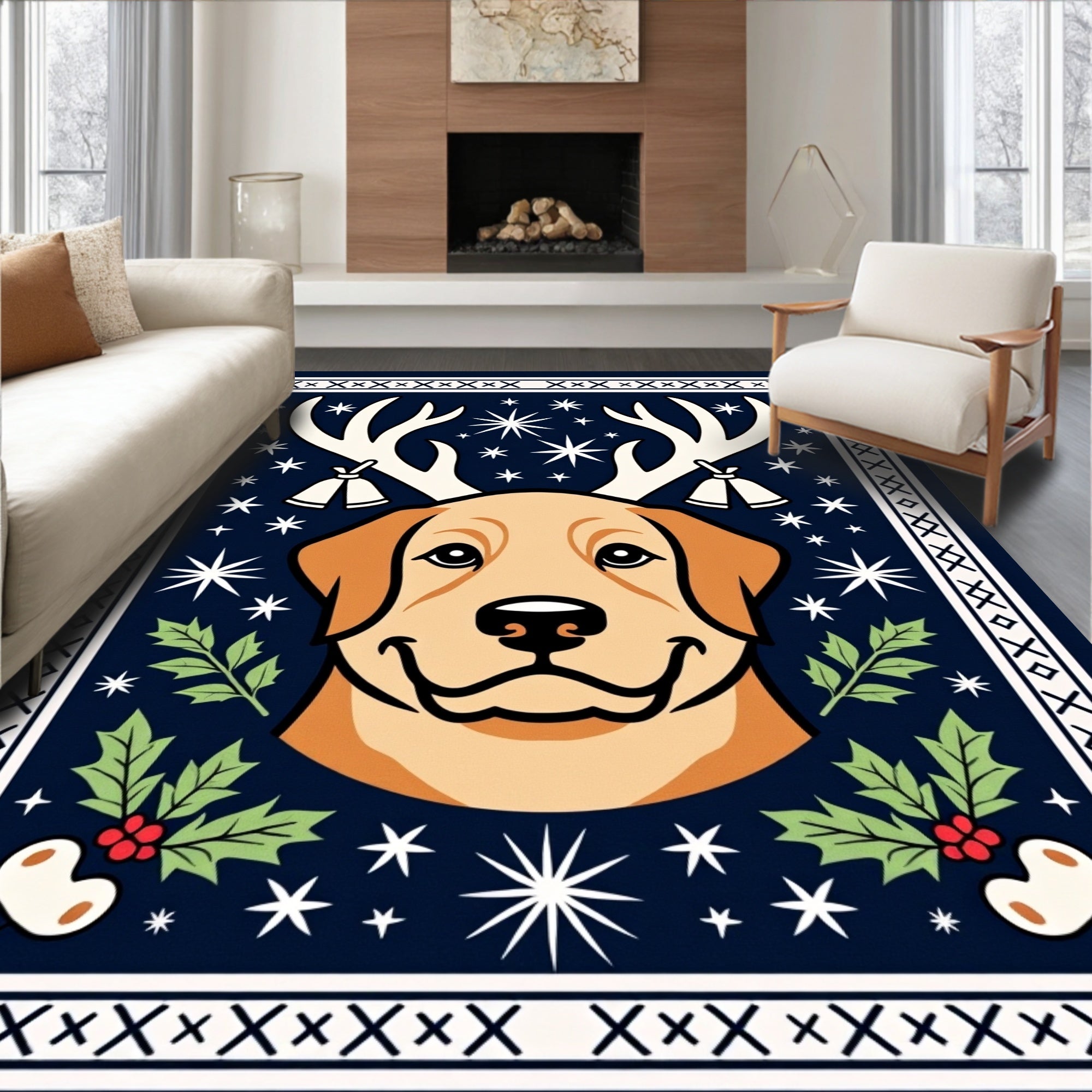 Festive Retriever Antlers Holly Stars Rug