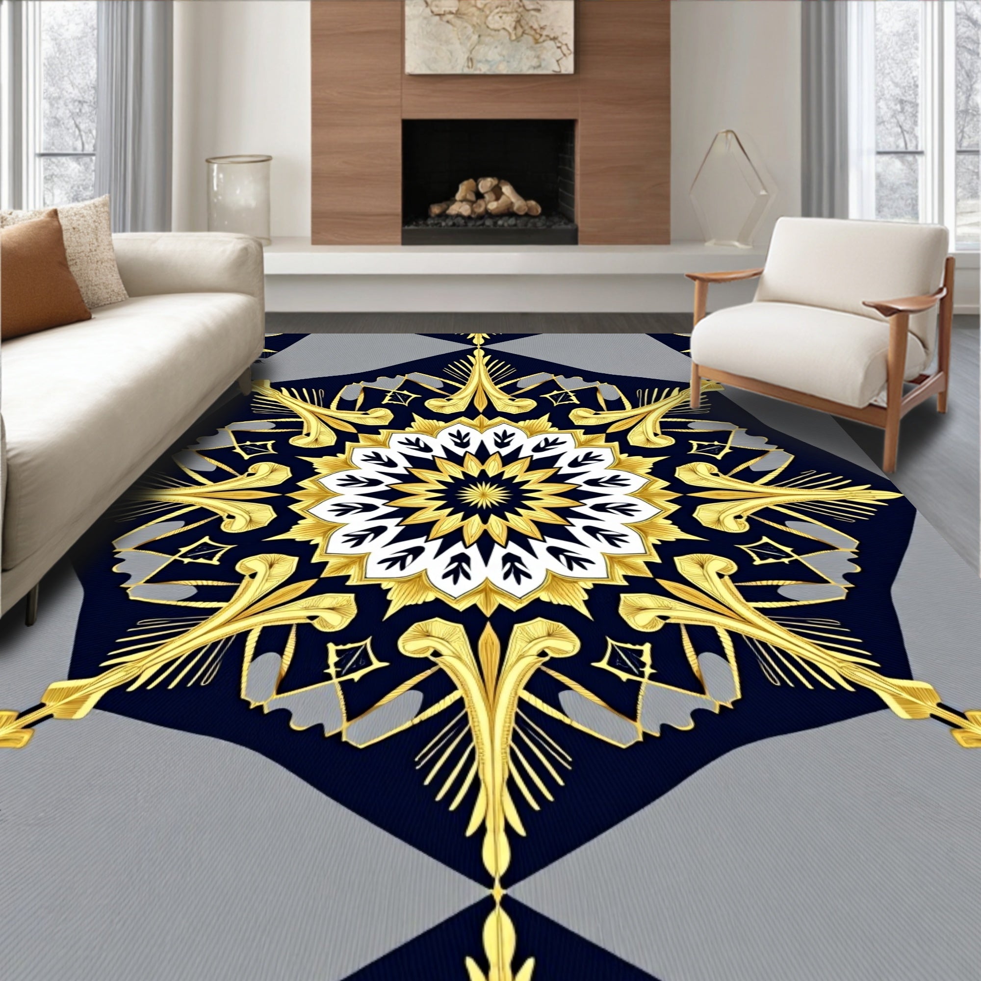 Golden Navy Elaborate Medallion Rug