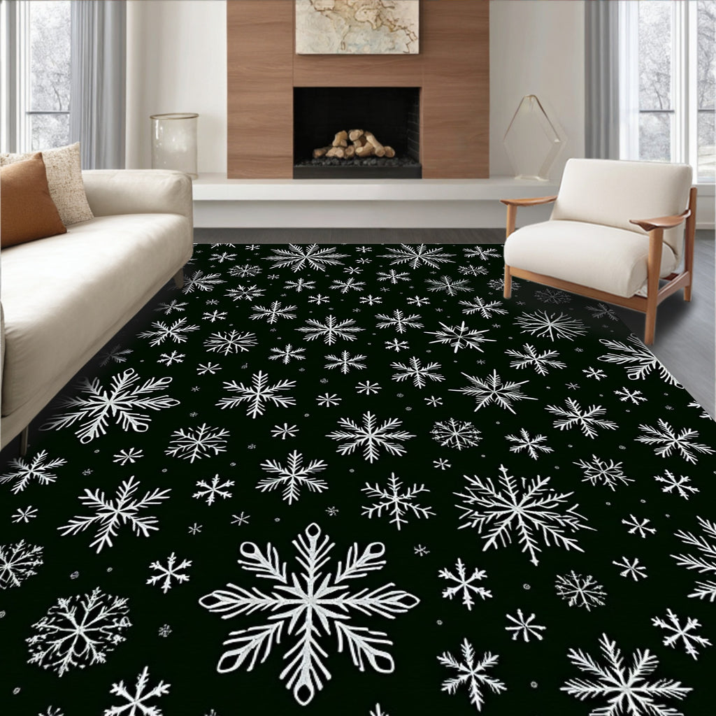 White Snowflake Scatter Dark Background Rug