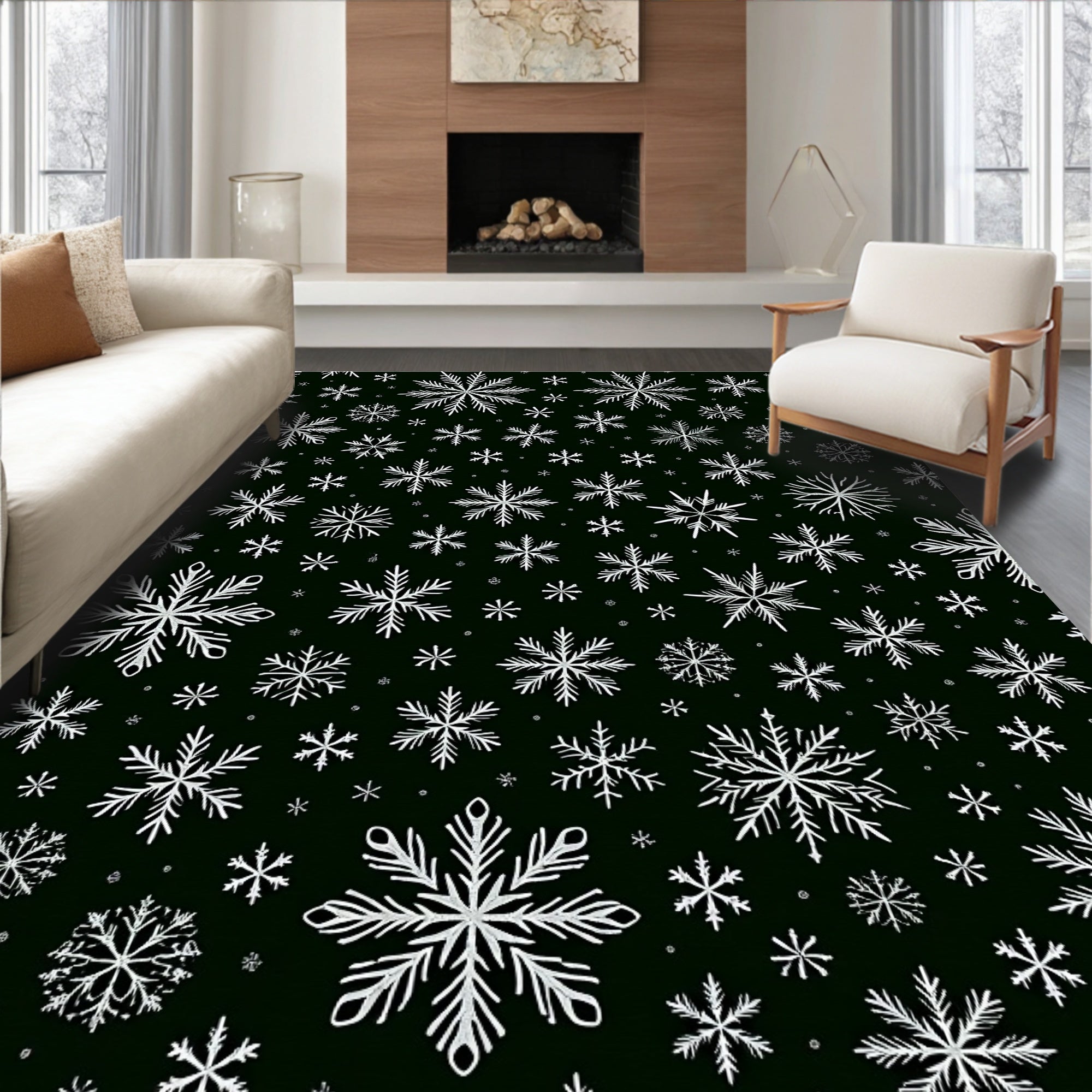 White Snowflake Scatter Dark Background Rug