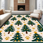 Green Christmas Trees Paw Prints Stars Rug