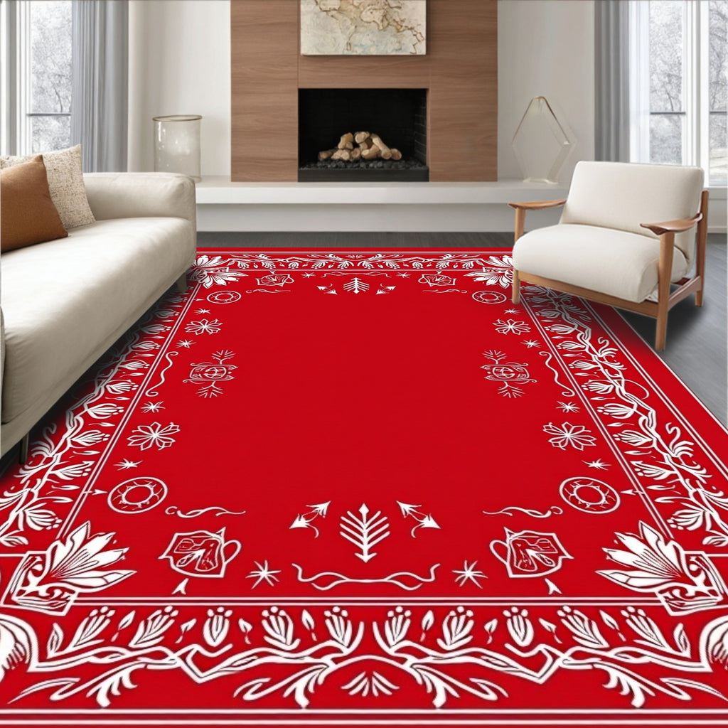 Crimson White Floral Bandana Border Rug