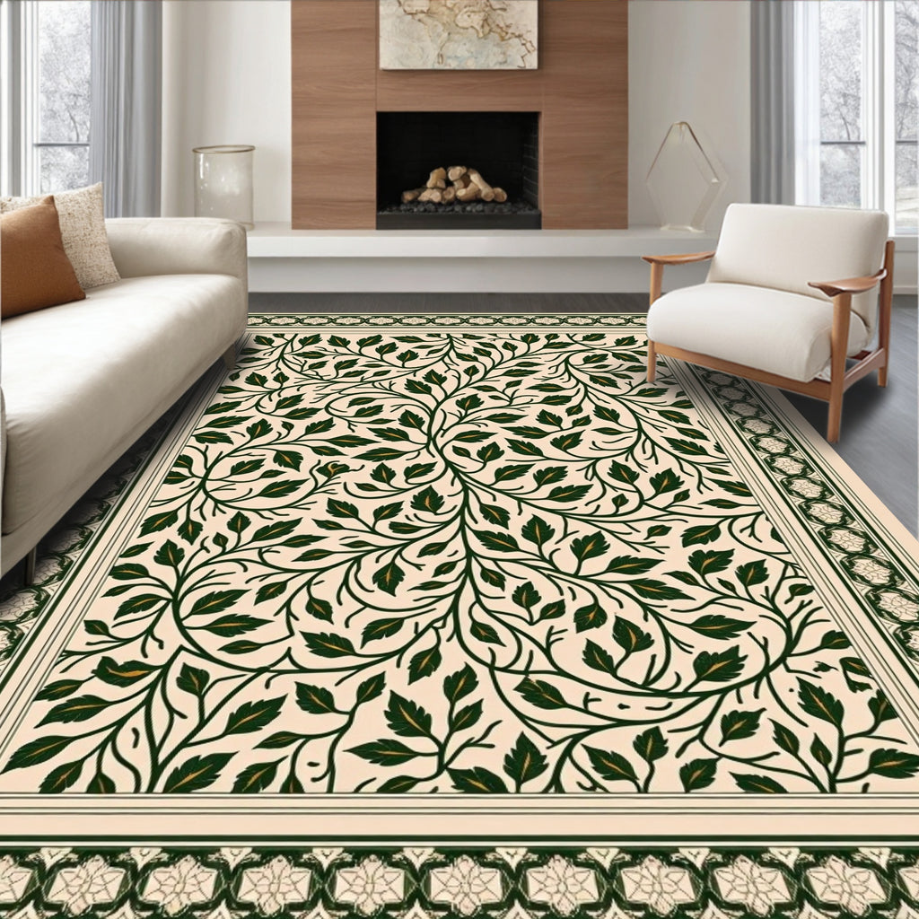 Dark Green Leaf Vine Intricate Border Rug
