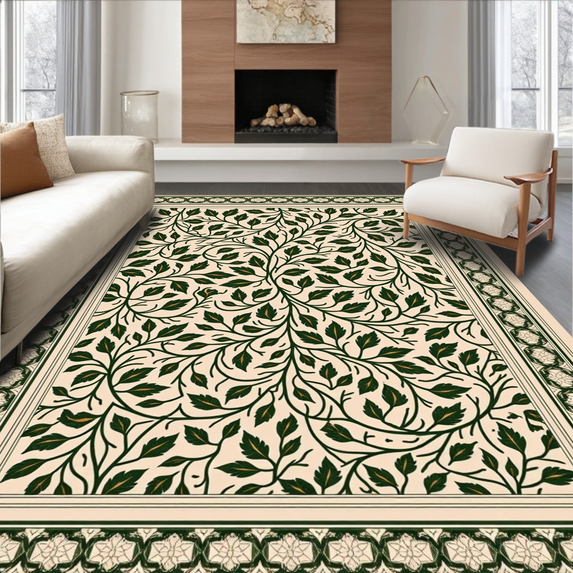 Dark Green Leaf Vine Intricate Border Rug