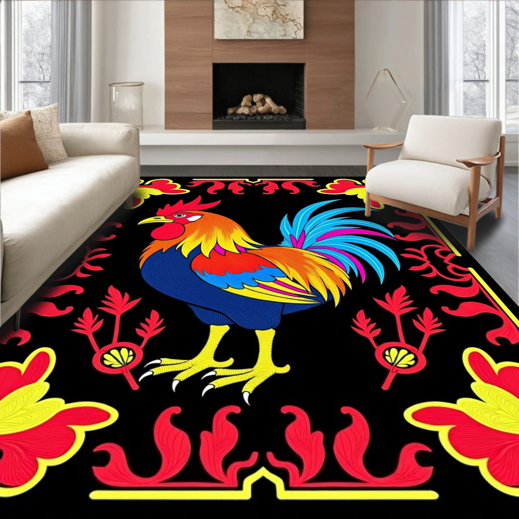 Vibrant Rooster Floral Border Rug