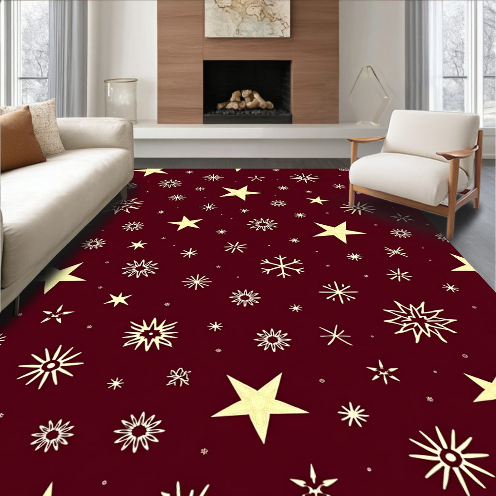 Crimson Yellow Star Snowflakes Scatter Rug