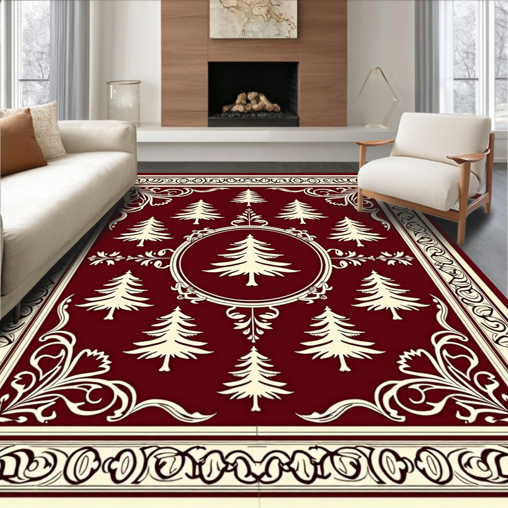 Crimson Cream Evergreen Forest Borders Rug