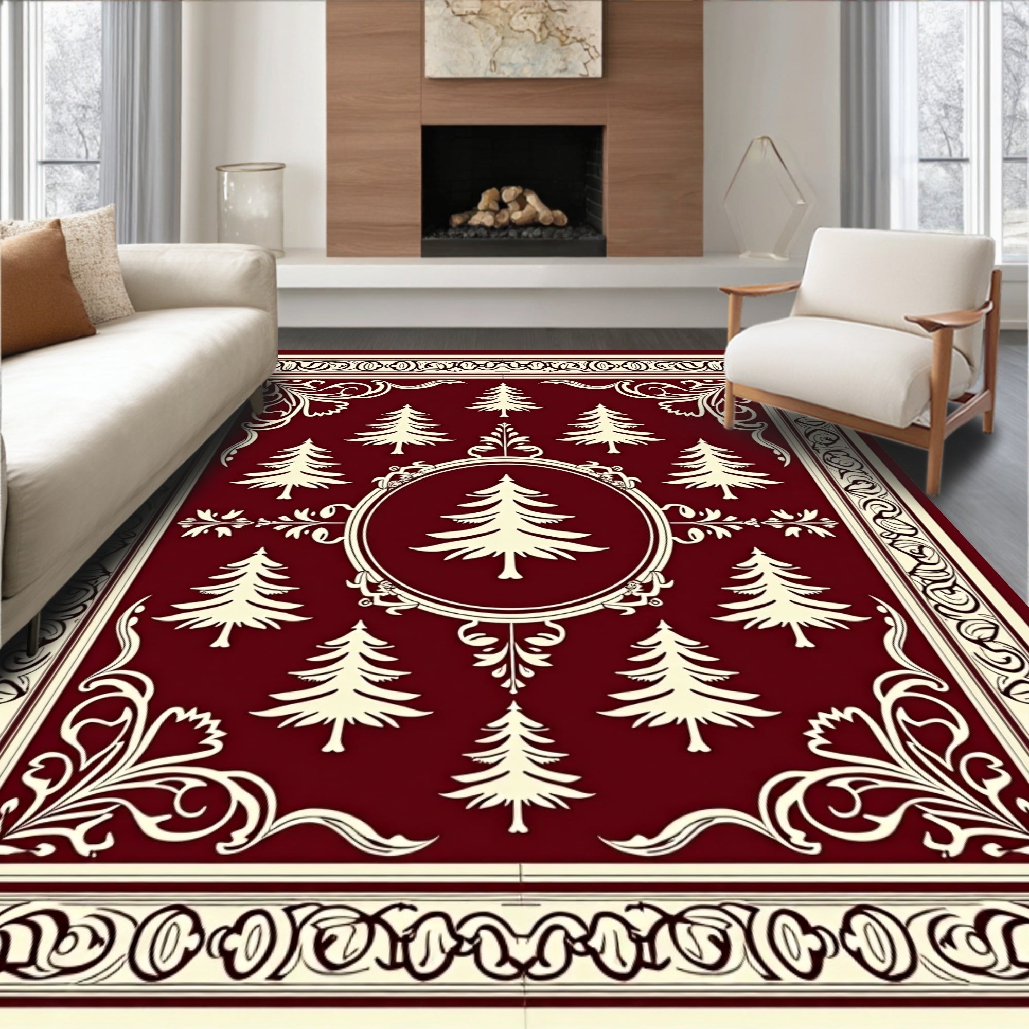 Crimson Cream Evergreen Forest Borders Rug