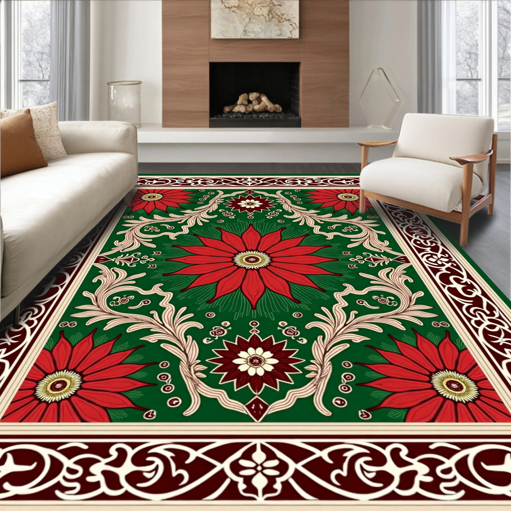 Red Floral Vines Emerald Border Rug