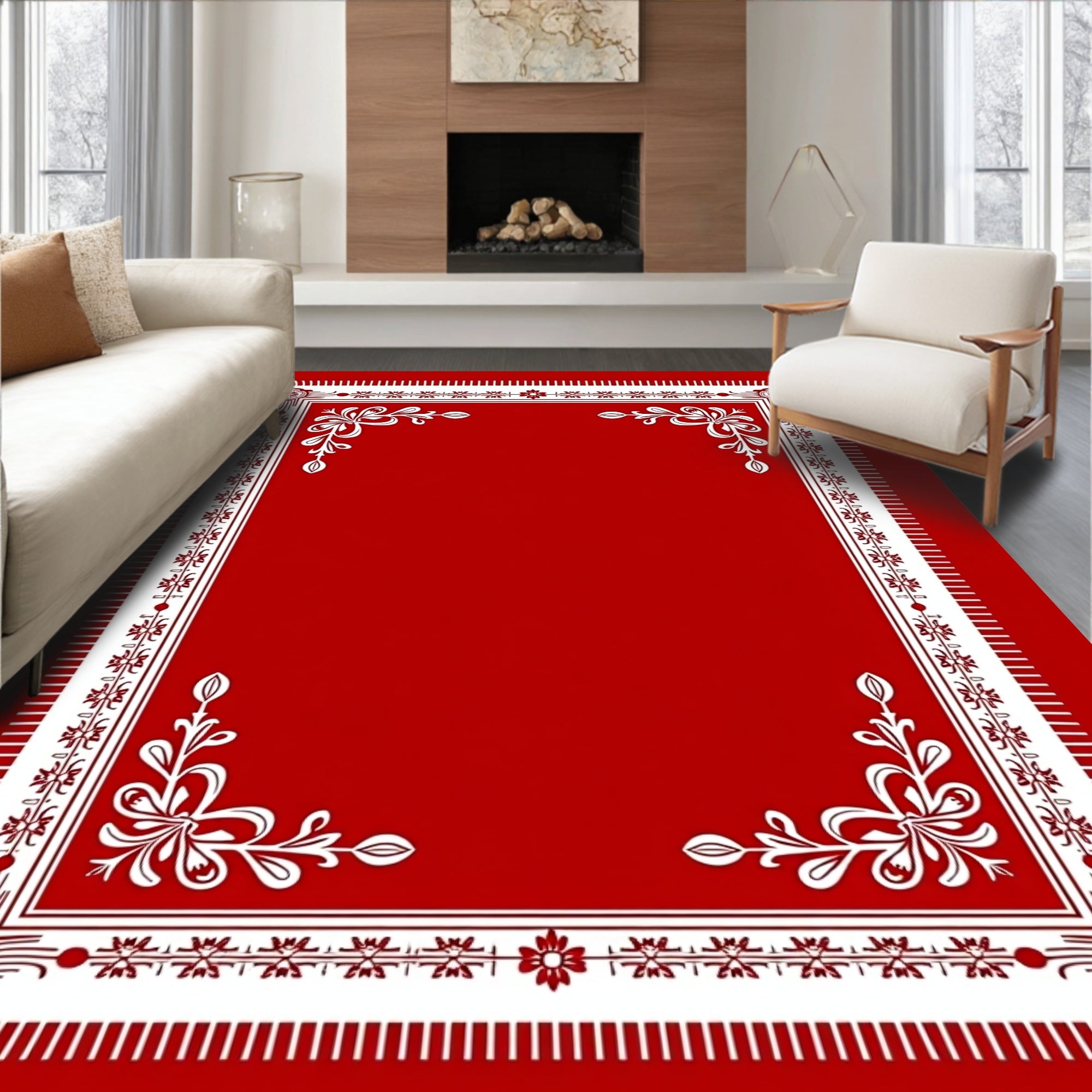 Crimson White Floral Corner Border Rug