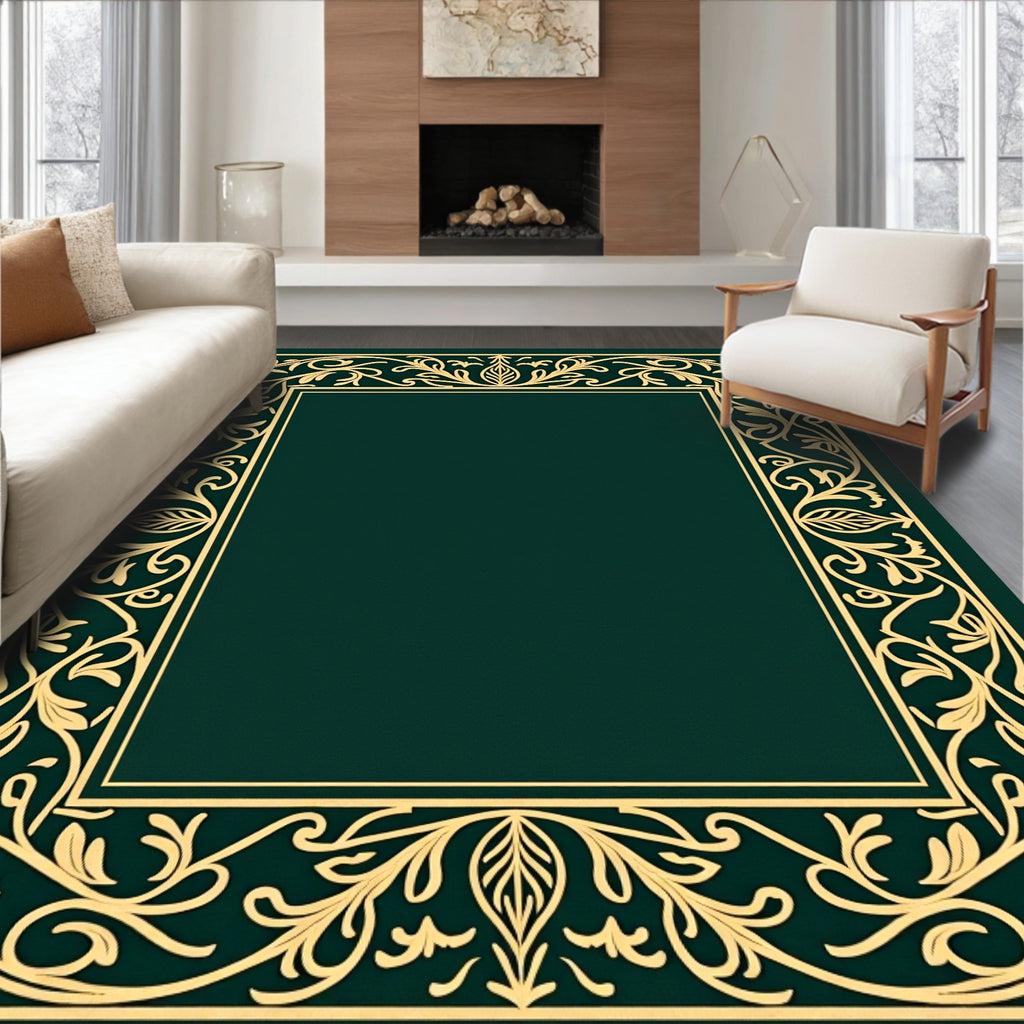 Elegant Golden Vine Border Emerald Rug