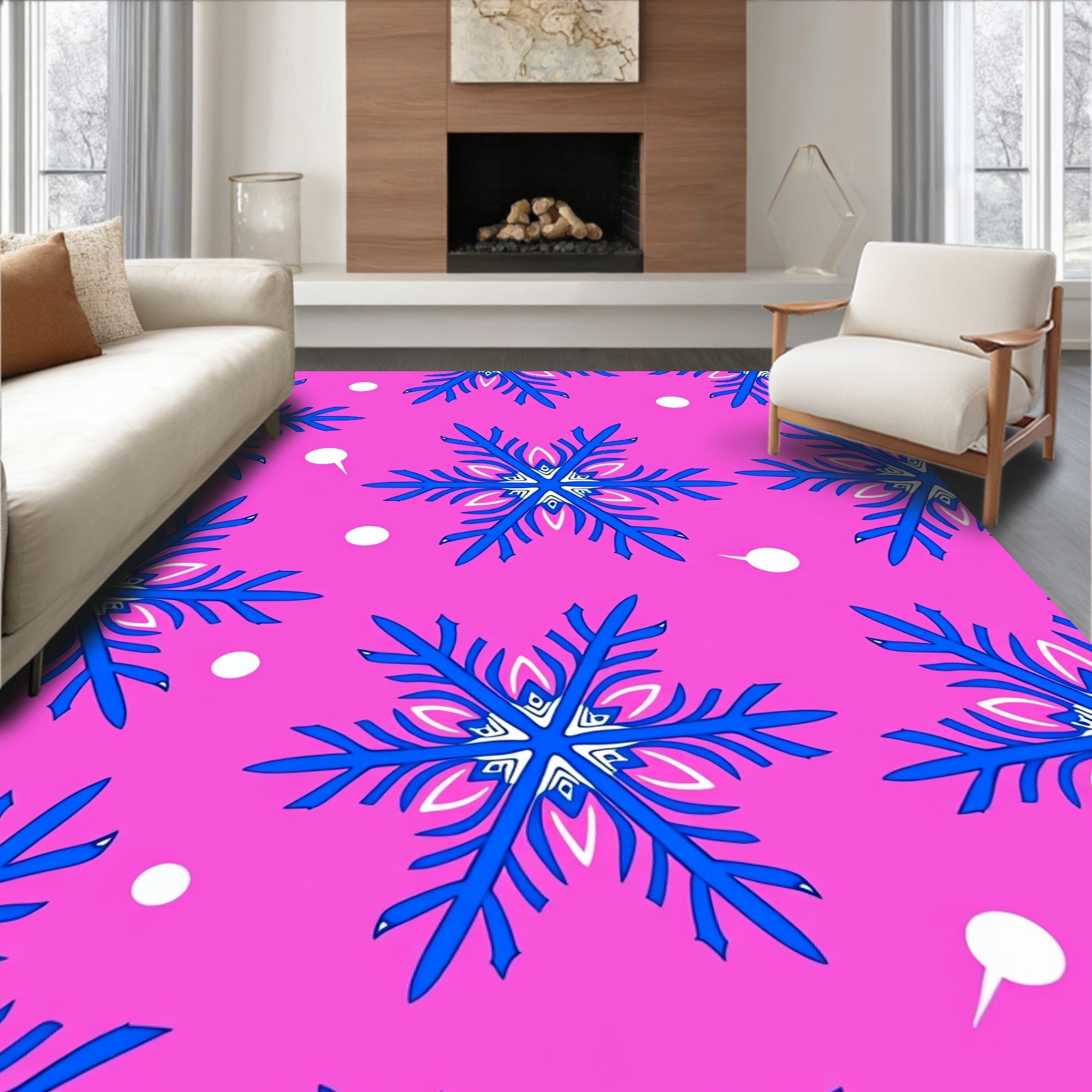 Bright Pink Blue Snowflake Medallion Rug
