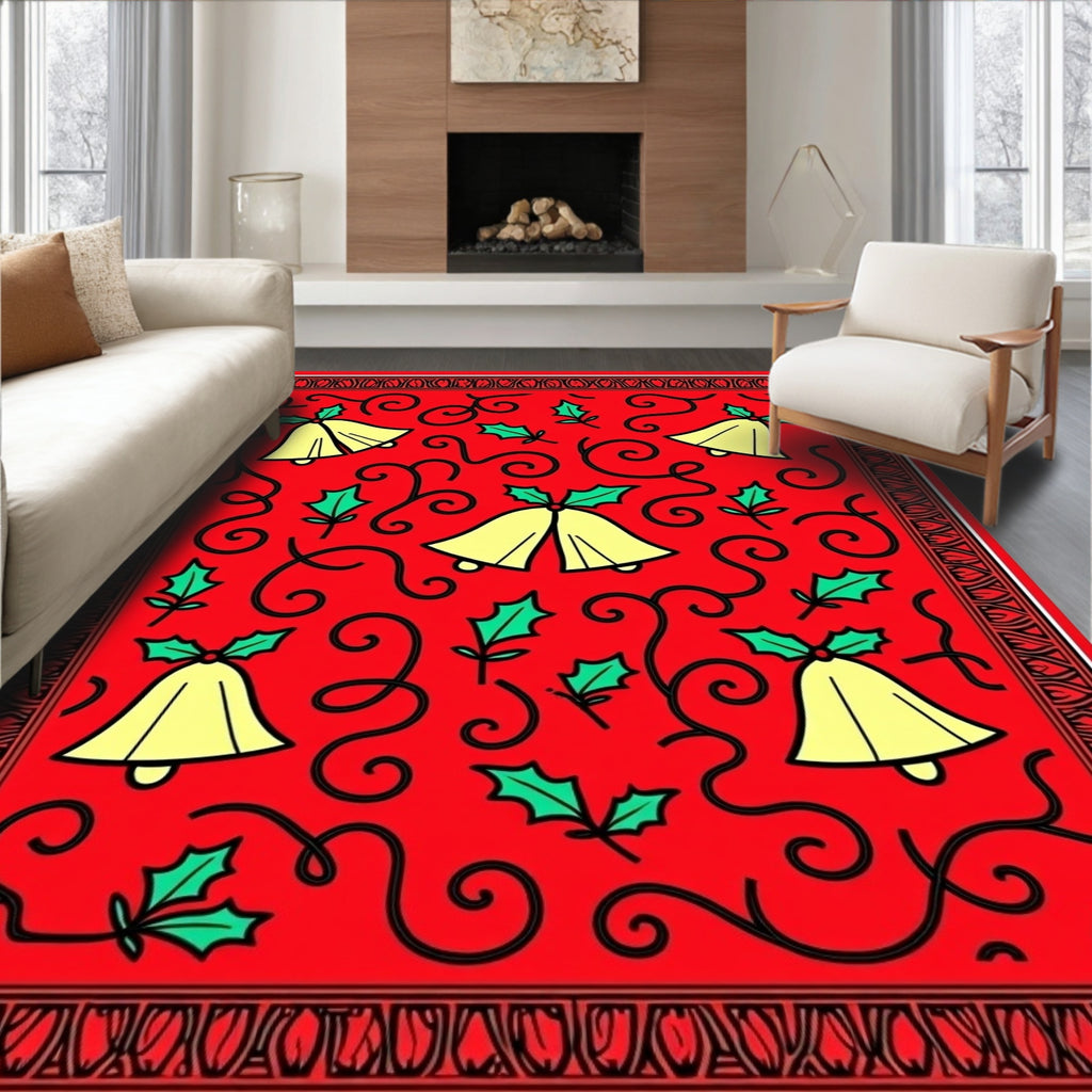Festive Red Golden Bells Holly Swirls Rug