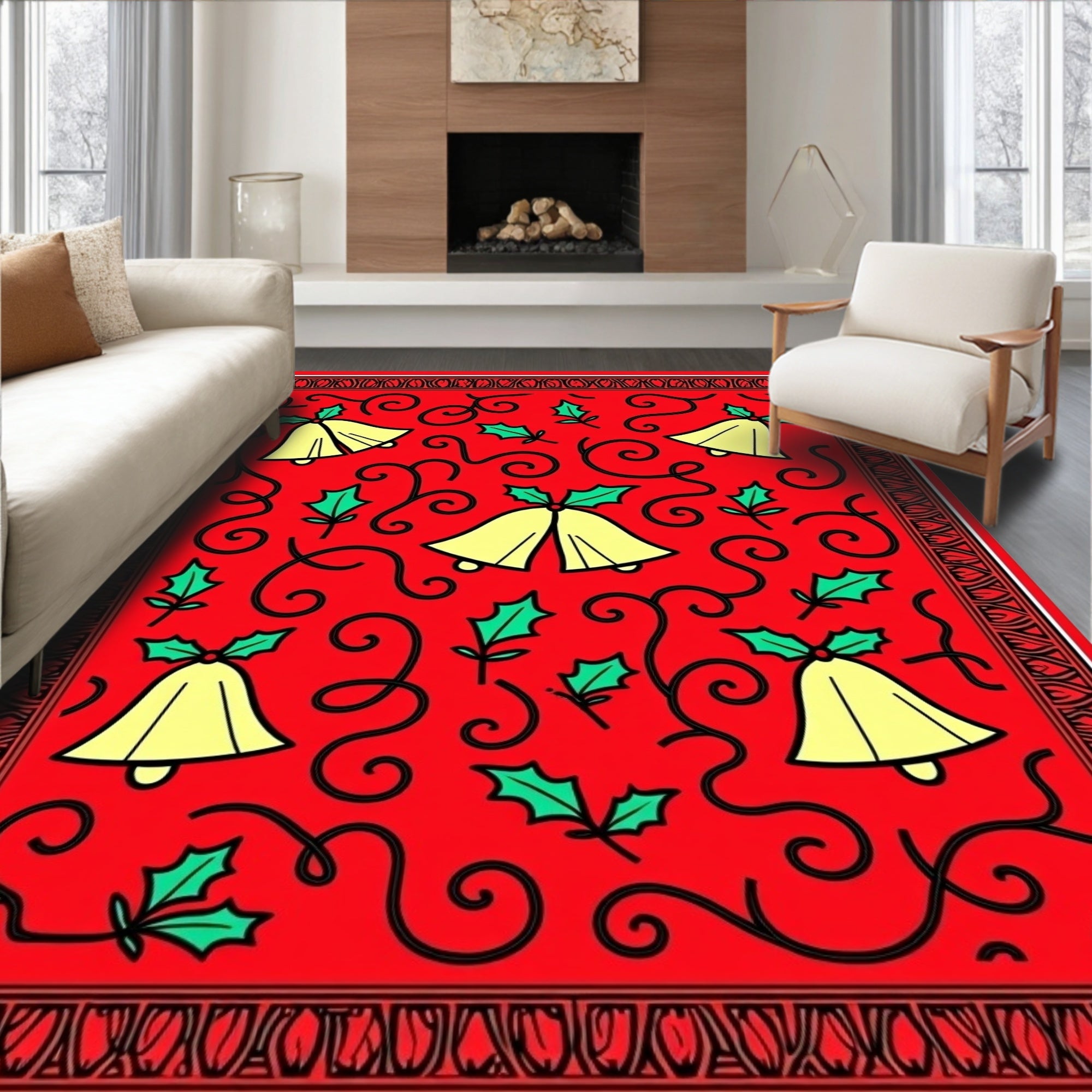 Festive Red Golden Bells Holly Swirls Rug