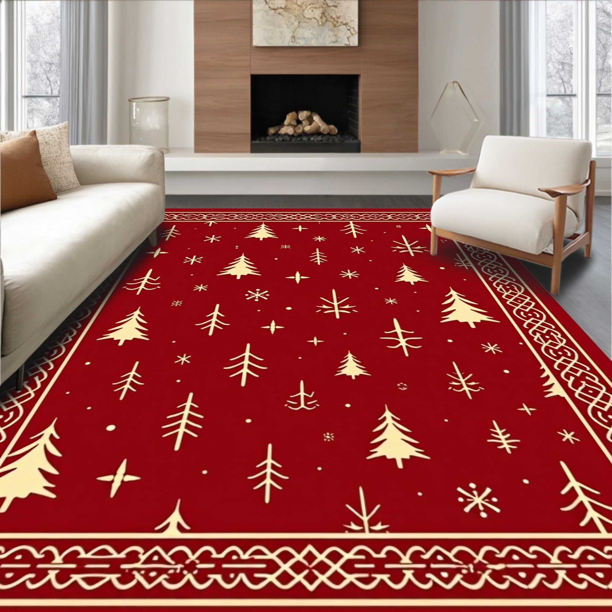Crimson And Gold Festive Forest Border Rug