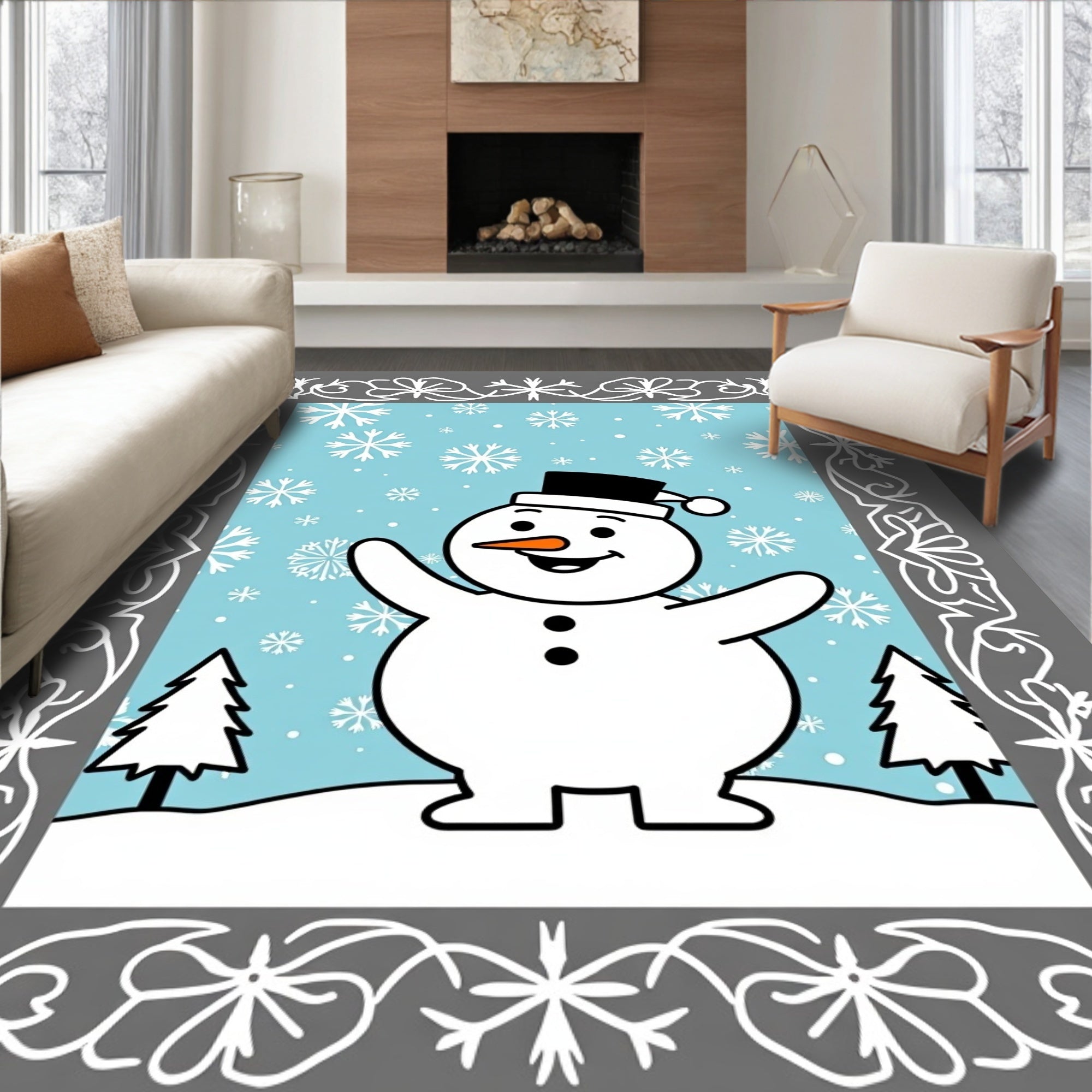 Cheerful Snowman Winter Snowflake Scene Rug