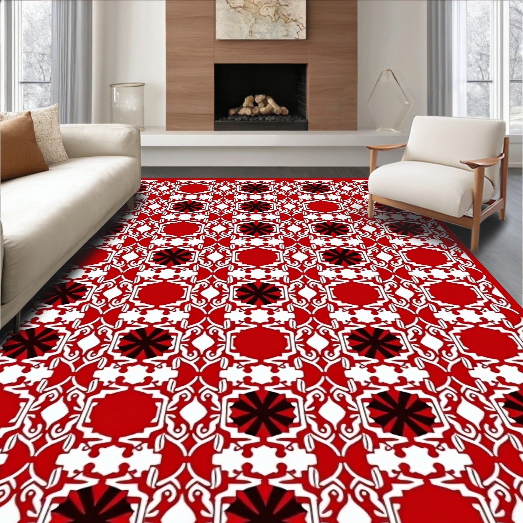 Red White Black Geometric Starburst Layout Rug