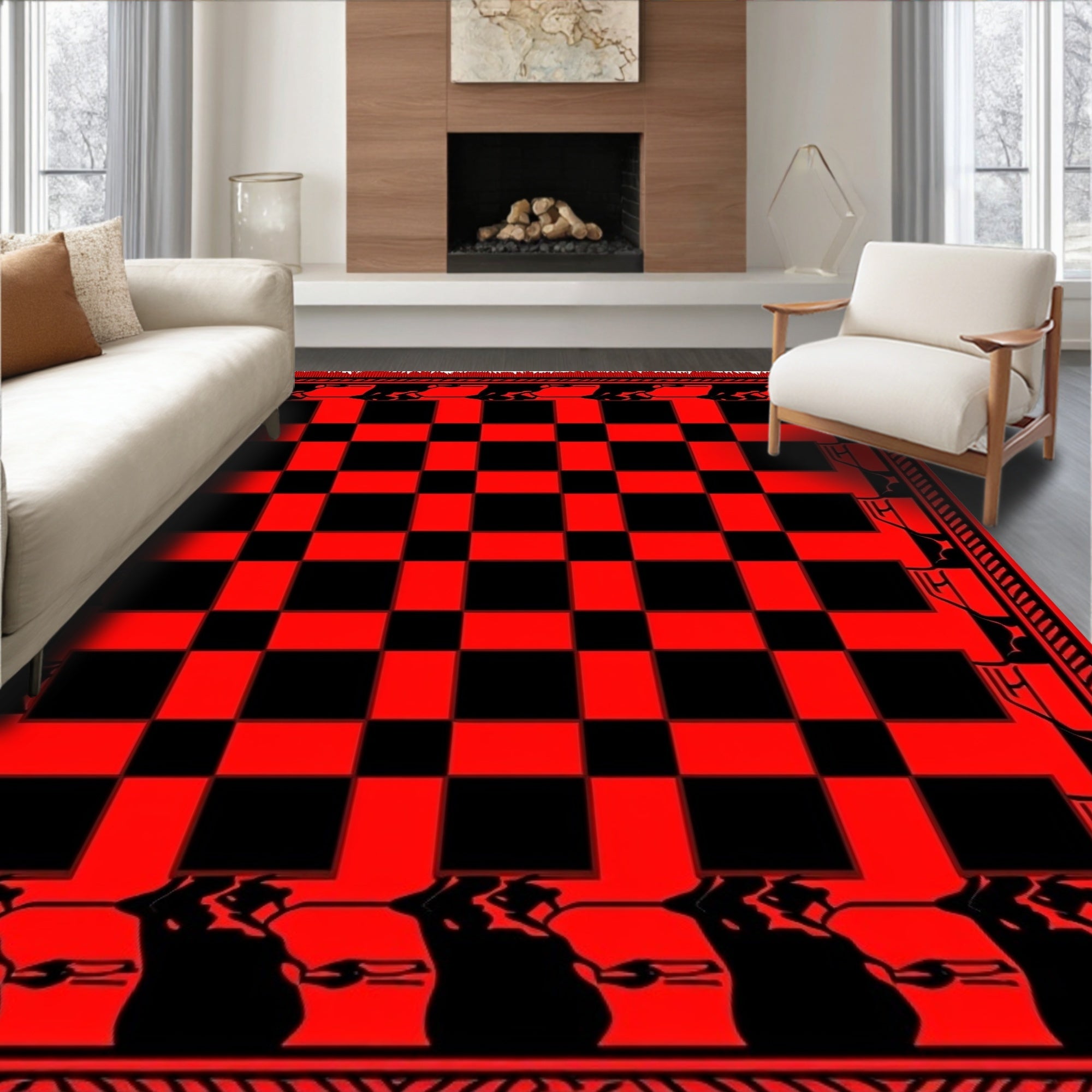 Red Black Checkerboard Game Borders Rug