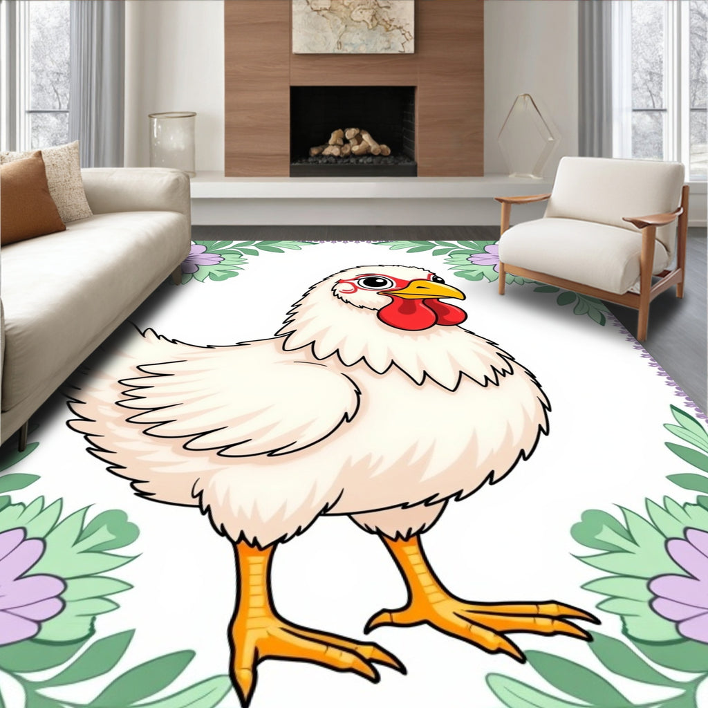 Whimsical White Chicken Floral Border Rug