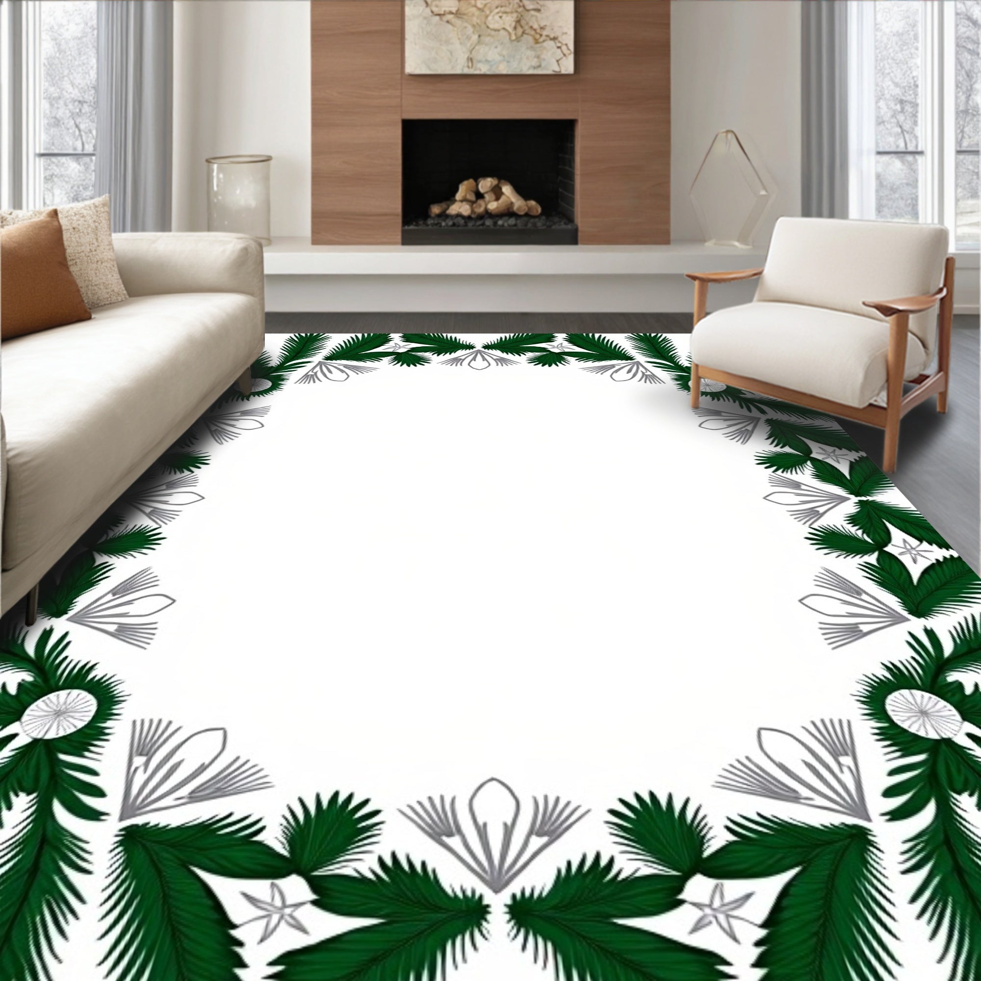 Green Fir Branch Whimsical Border Rug
