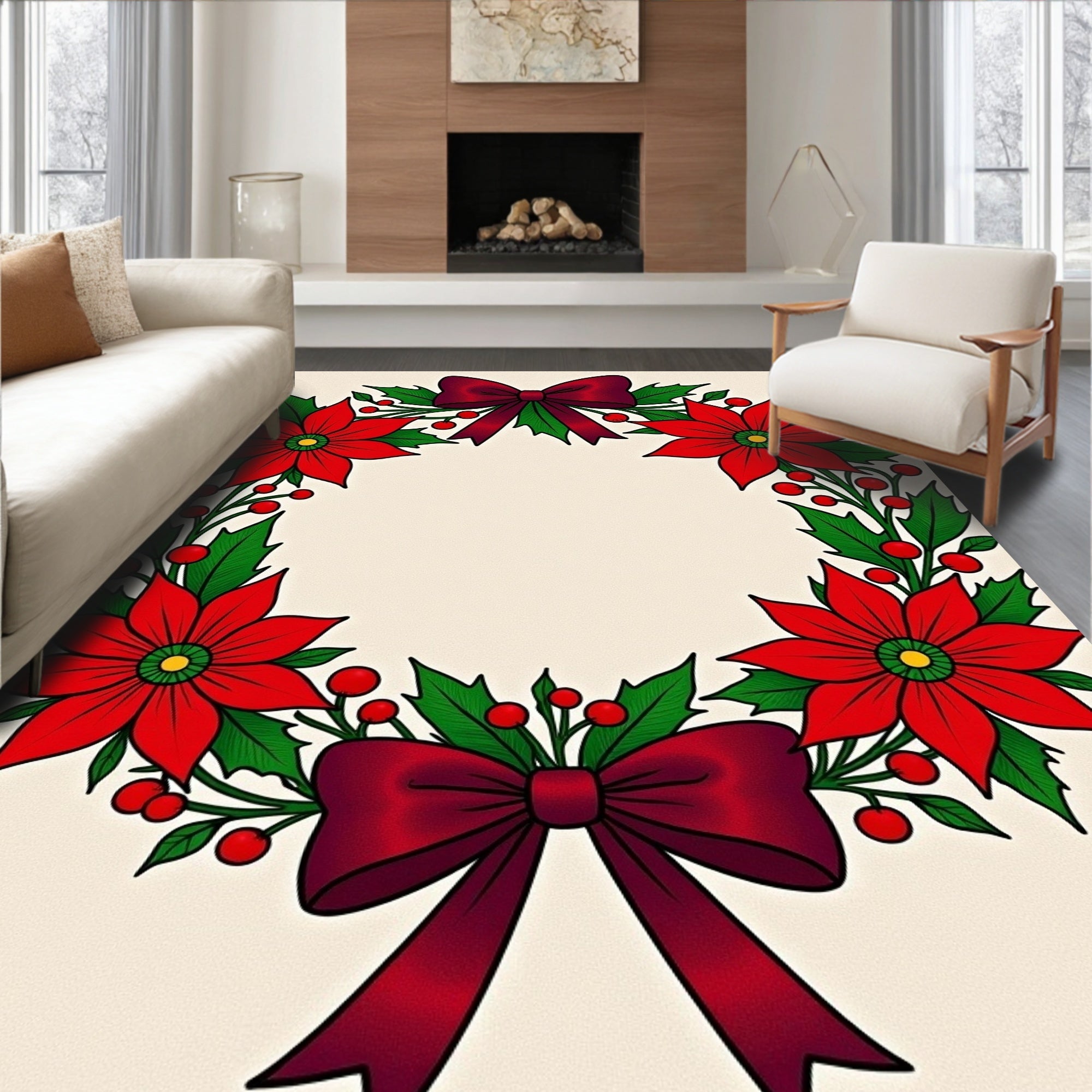 Crimson Poinsettia Holly Berry Festive Wreath Rug