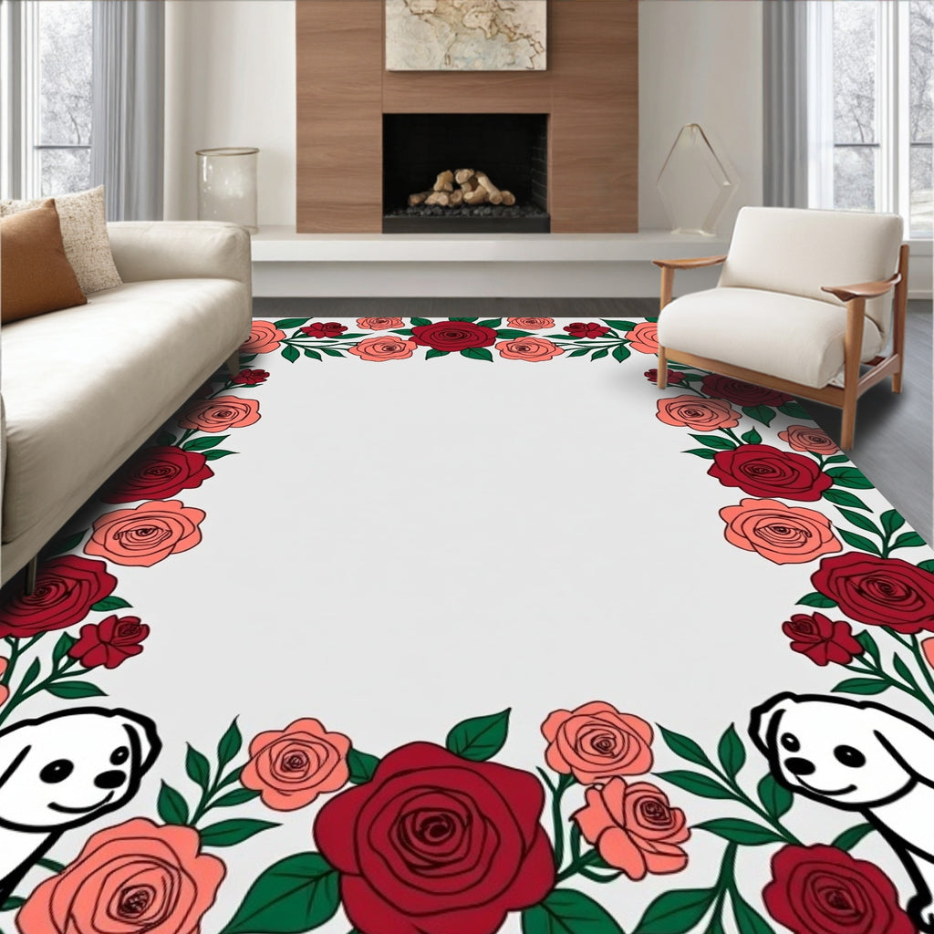 Crimson Coral Rose Puppy Garland Border Rug