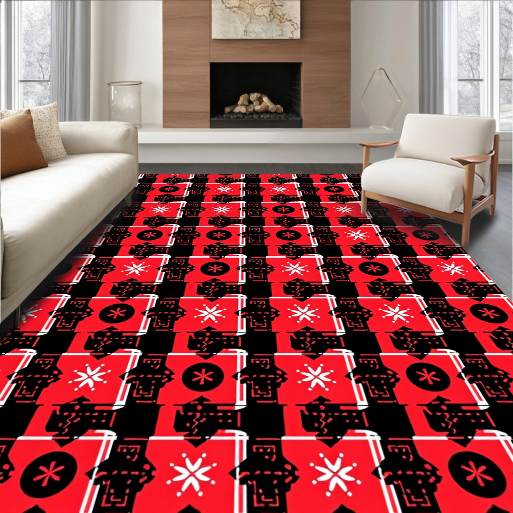 Bold Red Black Starburst Tile Rug
