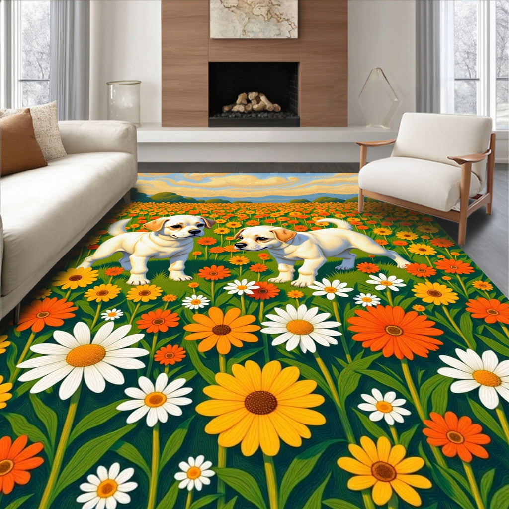 Joyful pups amongst yellow orange flowers Rug