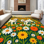 Joyful pups amongst yellow orange flowers Rug