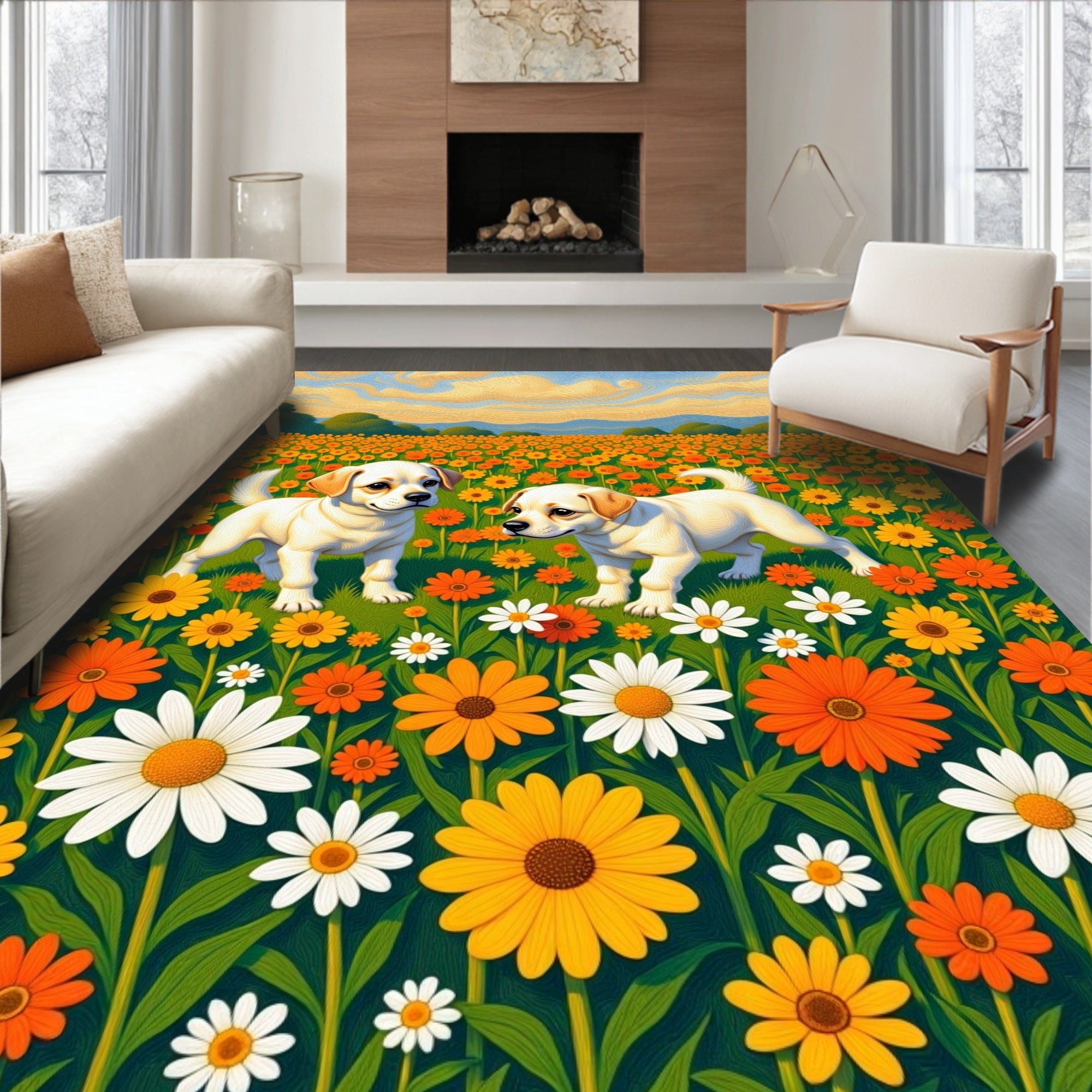 Joyful pups amongst yellow orange flowers Rug