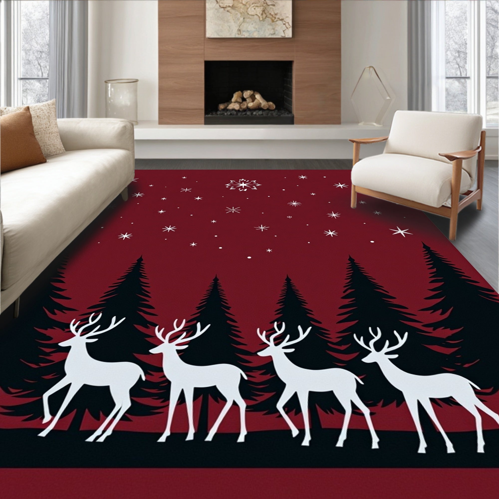 Crimson Winter Forest Reindeer Stars Rug