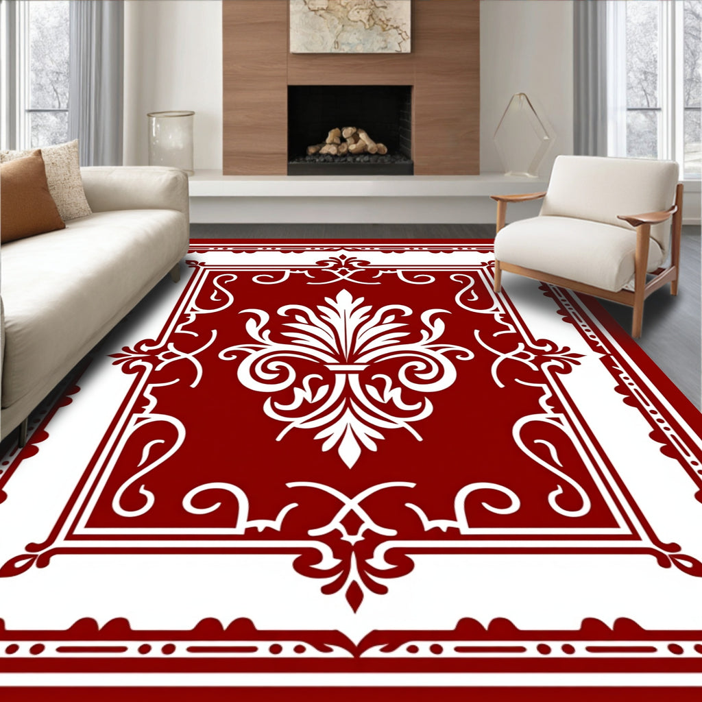 Crimson white ornate acanthus floral centerpiece Rug