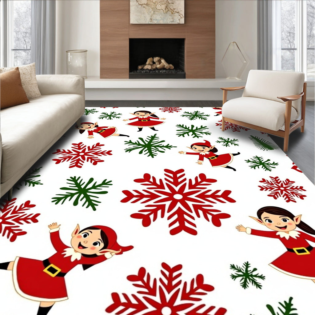 Festive Red Green Elf Christmas Snowflakes Rug