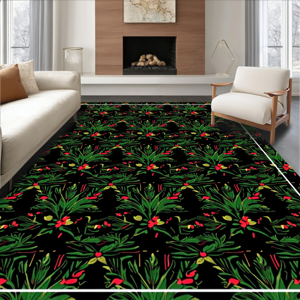 Vibrant Green Red Foliage Black Rug