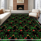 Vibrant Green Red Foliage Black Rug
