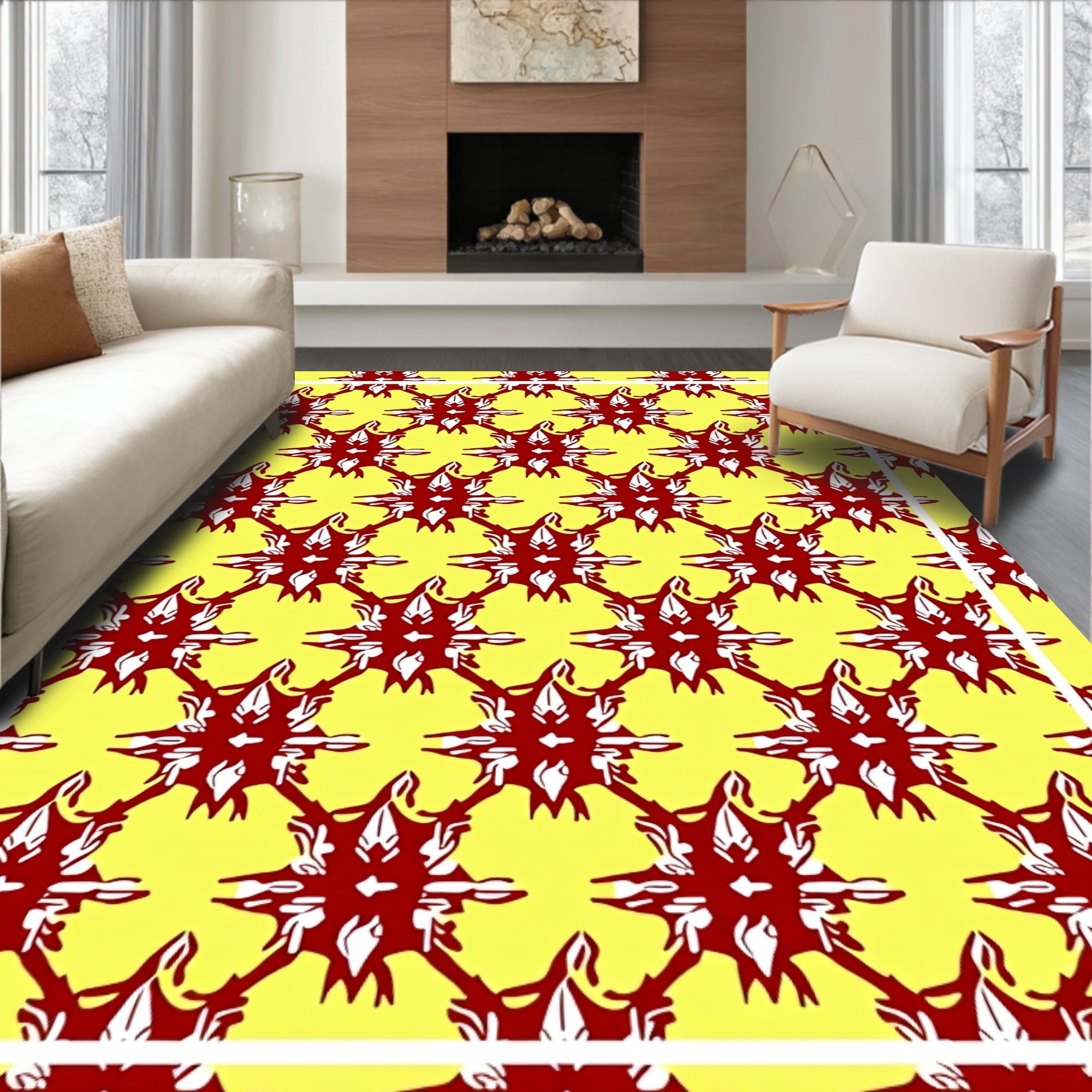 Crimson Sunburst Lattice Yellow Rug